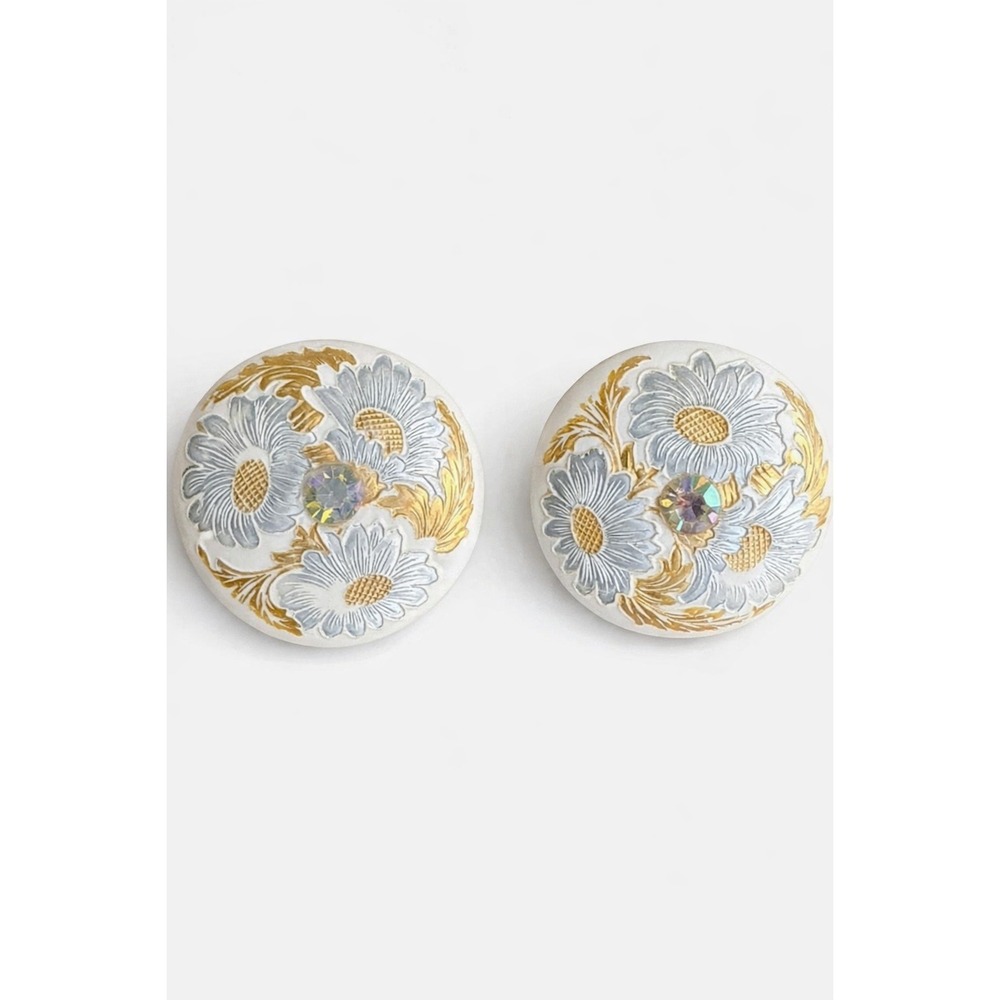Hand-Painted Floral Silver‎ and Gold Clip on Earrings Mid Century Modern